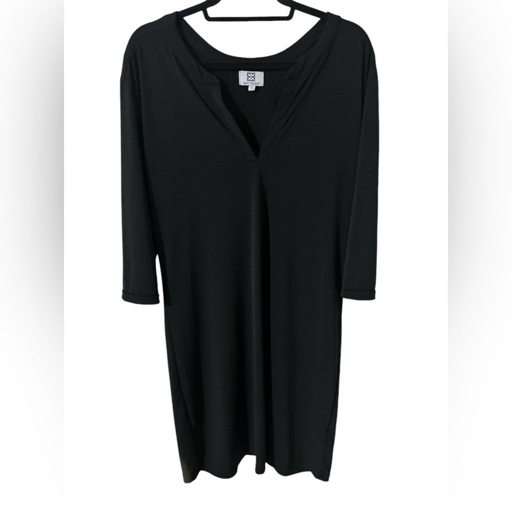 Mary Square Black Silky split neck dress Size L